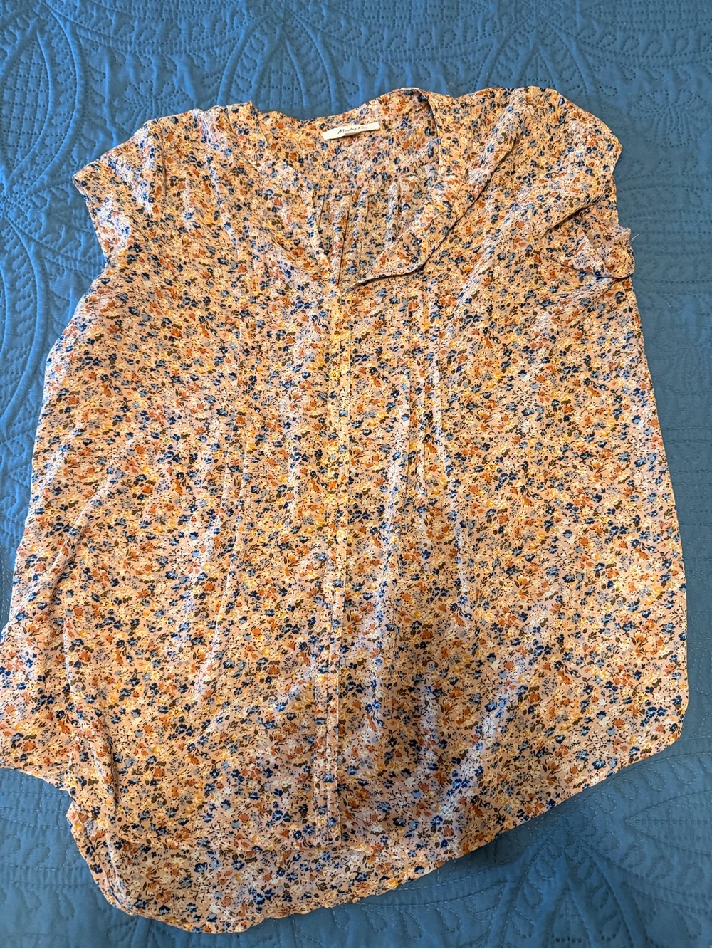 Floral Short-Sleeve V-Neck Blouse in Cream, Blue & Orange